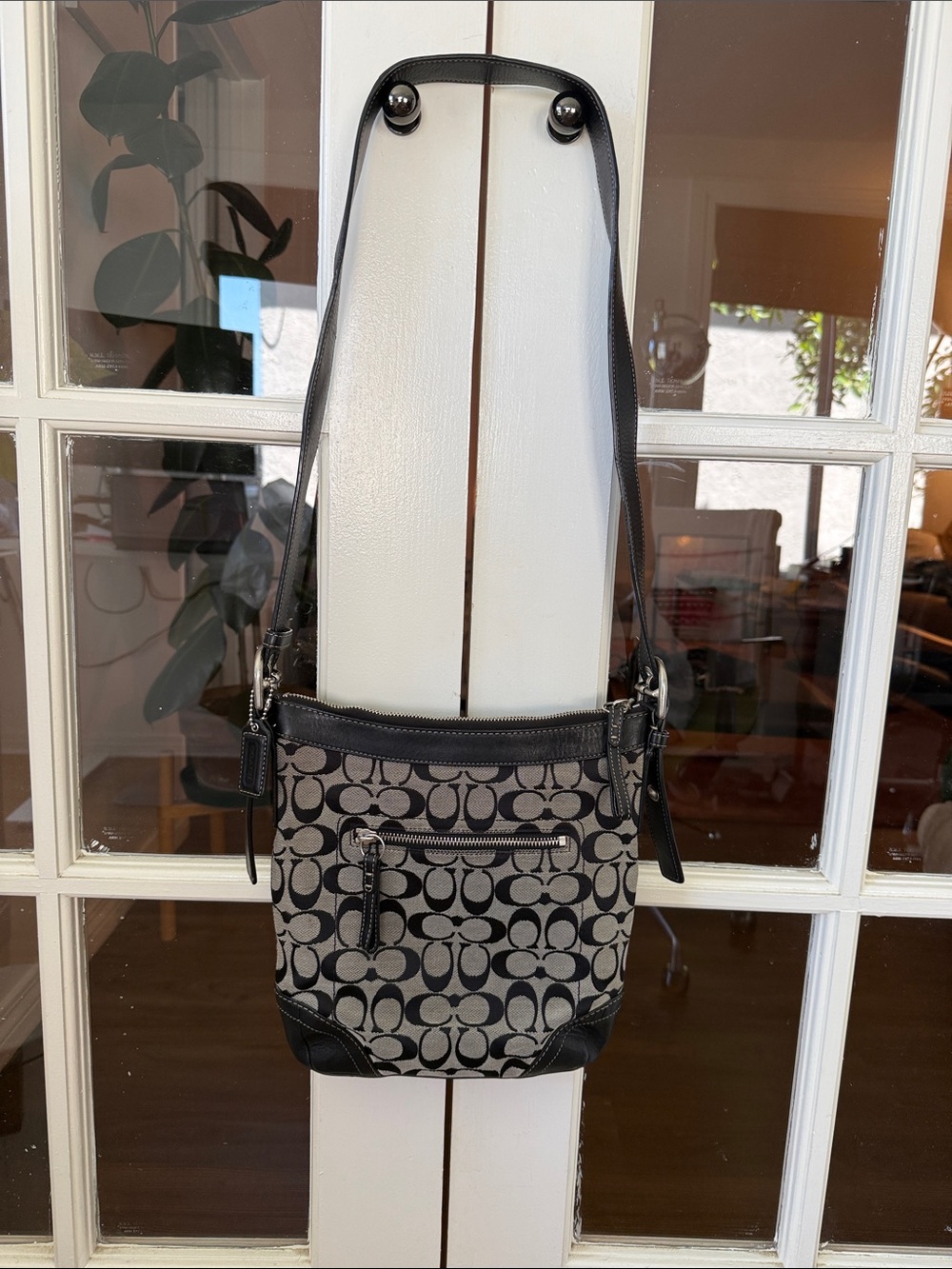 Vintage Coach Monogram Black and Gray Signature Canvas and Leather Crossbody